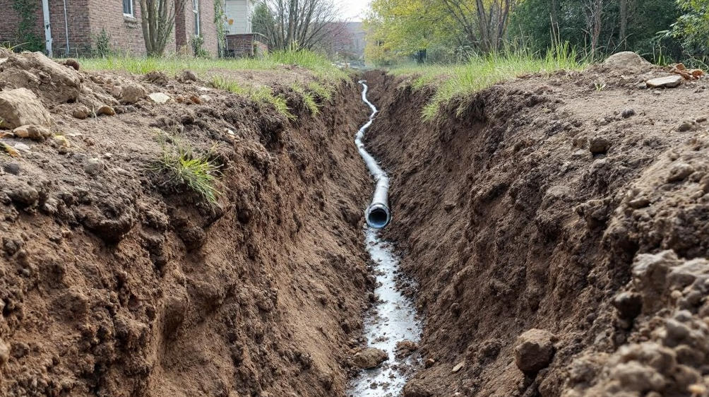 Dug trench for a city sewer connection.