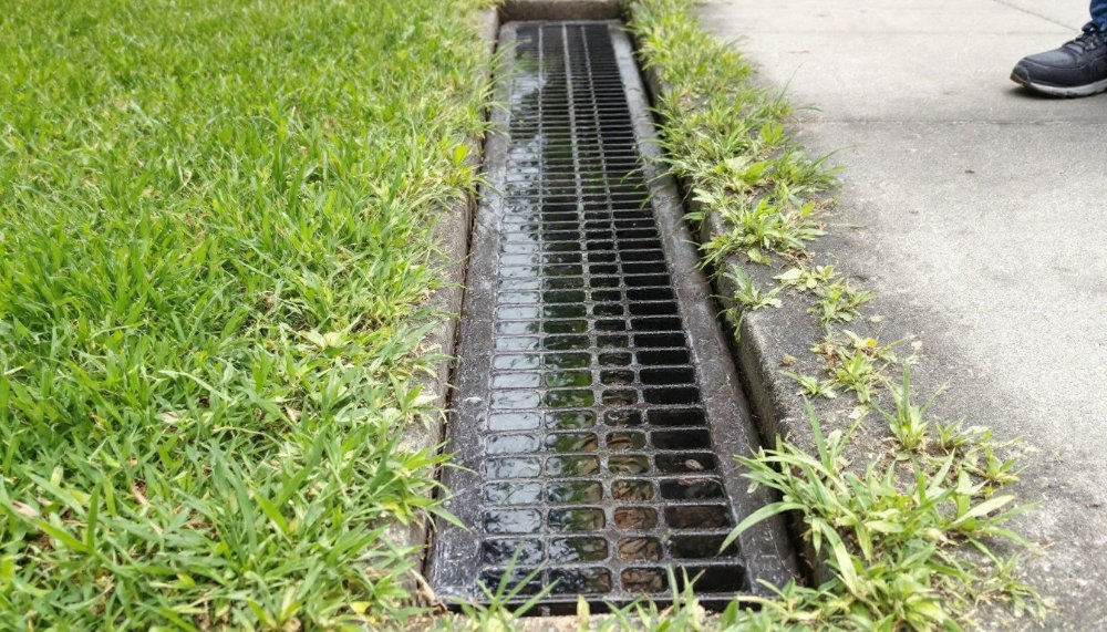 The image of a French drain between a lawn and a sidewalk.