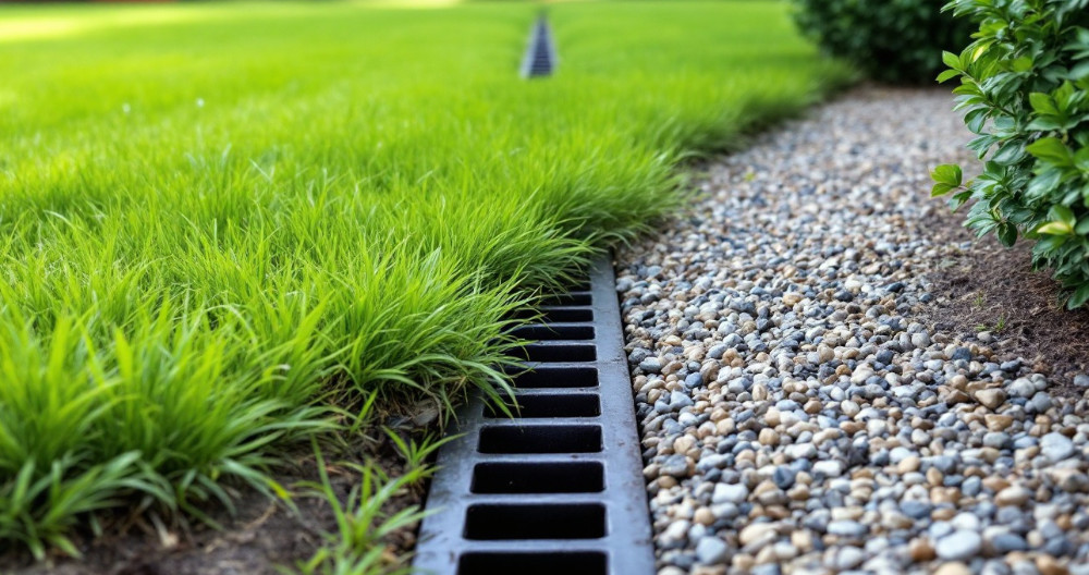 French drain, grass on one side, gravel on the other.