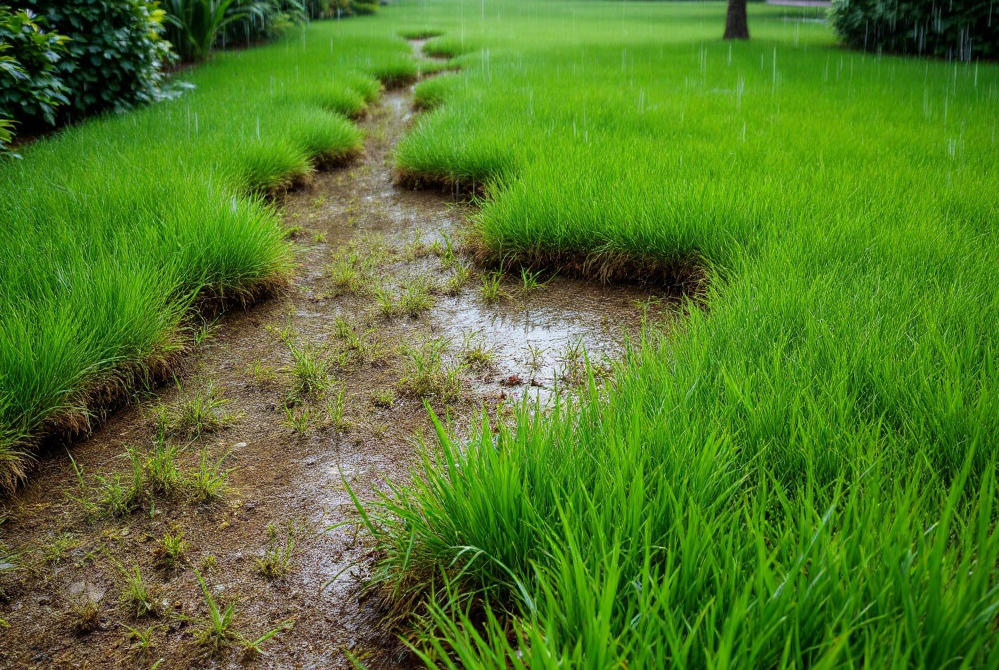 The image of a wet yard - a lush lawn damaged by rain water.